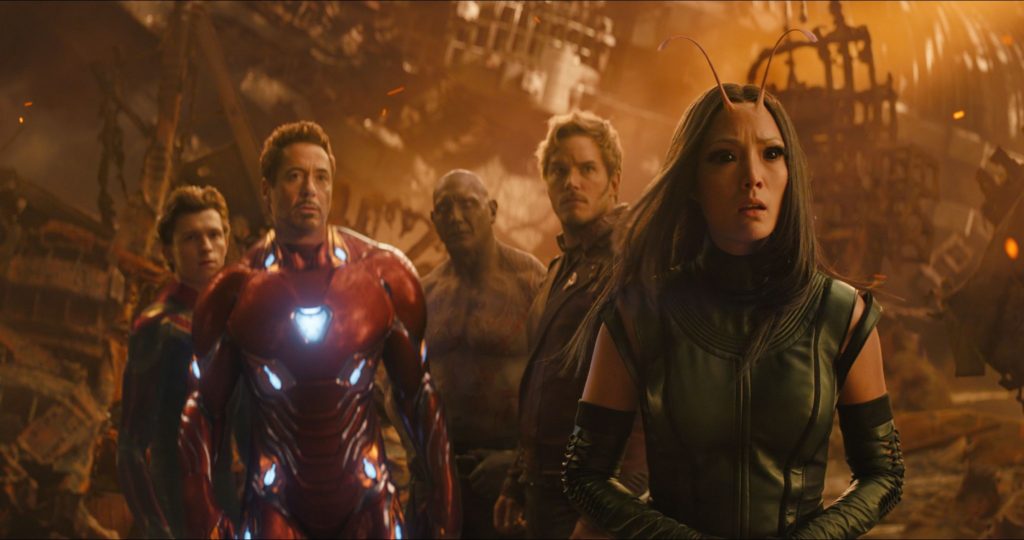 Tom Holland, Robert Downey Jr., Dave Bautista, Chris Pratt, and Pom Klementieff in "Avengers: Infinity War."