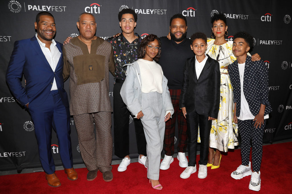 Courtney Lilly, Lawrence Fishburne, Marcus Scribner, Marsai Martin, Anthony Anderson, Tracee Ellis Ross. and Miles Brown at the PaleyFest NY Presents—"Black-ish" in 2019.