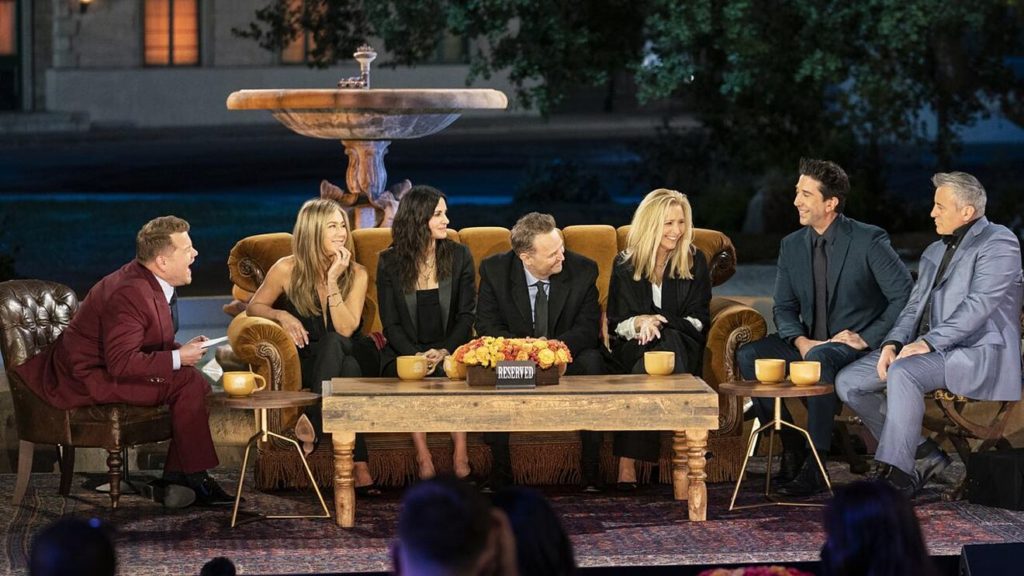 James Corden, Jennifer Aniston, Courteney Cox, Matthew Perry, Lisa Kudrow, David Schwimmer, and Matt LeBlanc in "Friends: The Reunion"
