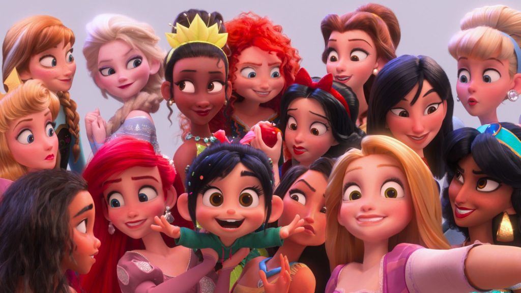 Jasmine (Linda Larkin), Snow White (Pamela Ribon), Cinderella (Jennifer Hale), Pocahontas (Irene Bedard), Vanellope (Sarah Silverman), Elsa (Idina Menzel), Moana (Auli'i Cravalho), Anna (Kristen Bell), Belle (Paige O'Hara), Rapunzel (Mandy Moore) Tiana (Anika Noni Rose), Ariel (Jodi Benson), Aurora (Kate Higgins), Ming-Na Wen as Mulan, and Merida (Kelly Macdonald) in "Ralph Breaks the Internet".
