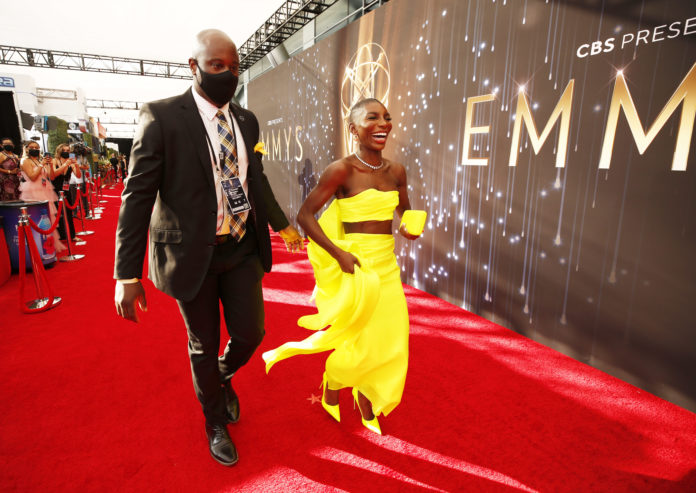 Michaela Coel on the red carpet for the 73rd Annual Emmy Awards.