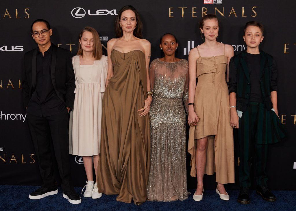 Maddox Jolie-Pitt, Vivienne Jolie-Pitt, Angelina Jolie, Knox Jolie-Pitt, Shiloh Jolie-Pitt, and Zahara Jolie-Pitt at the "Eternals" film premiere
