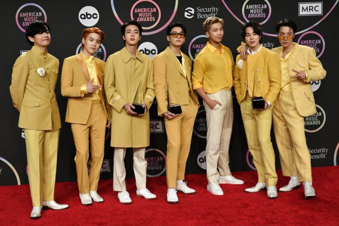 BTS's V, Jungkook, Jimin, Rap Monster (RM), Suga, J-Hope and Jin at the American Music Awards in 2021